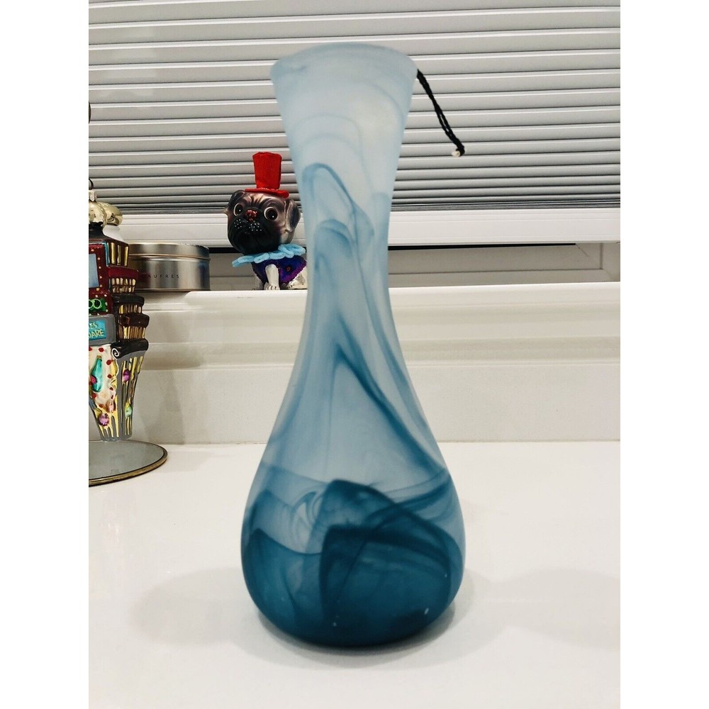 Hand Made AKCAM Matt Blue Swirl Turkish ART GLASS BUD VASE 9" Made in TURKEY